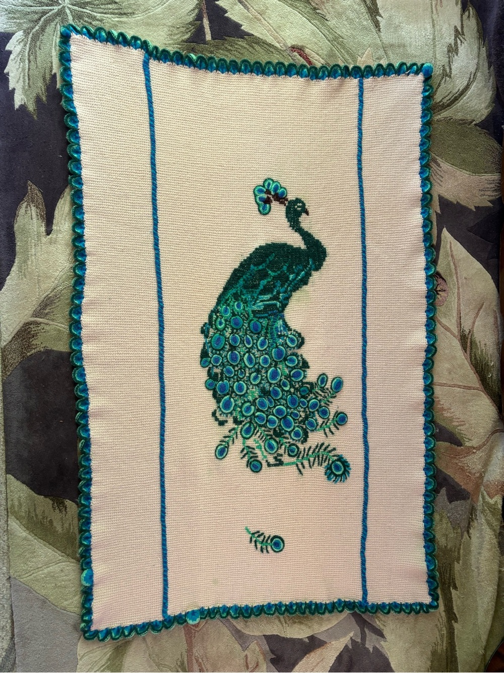 Vtg Handmade Wool Peacock Throw Blanket